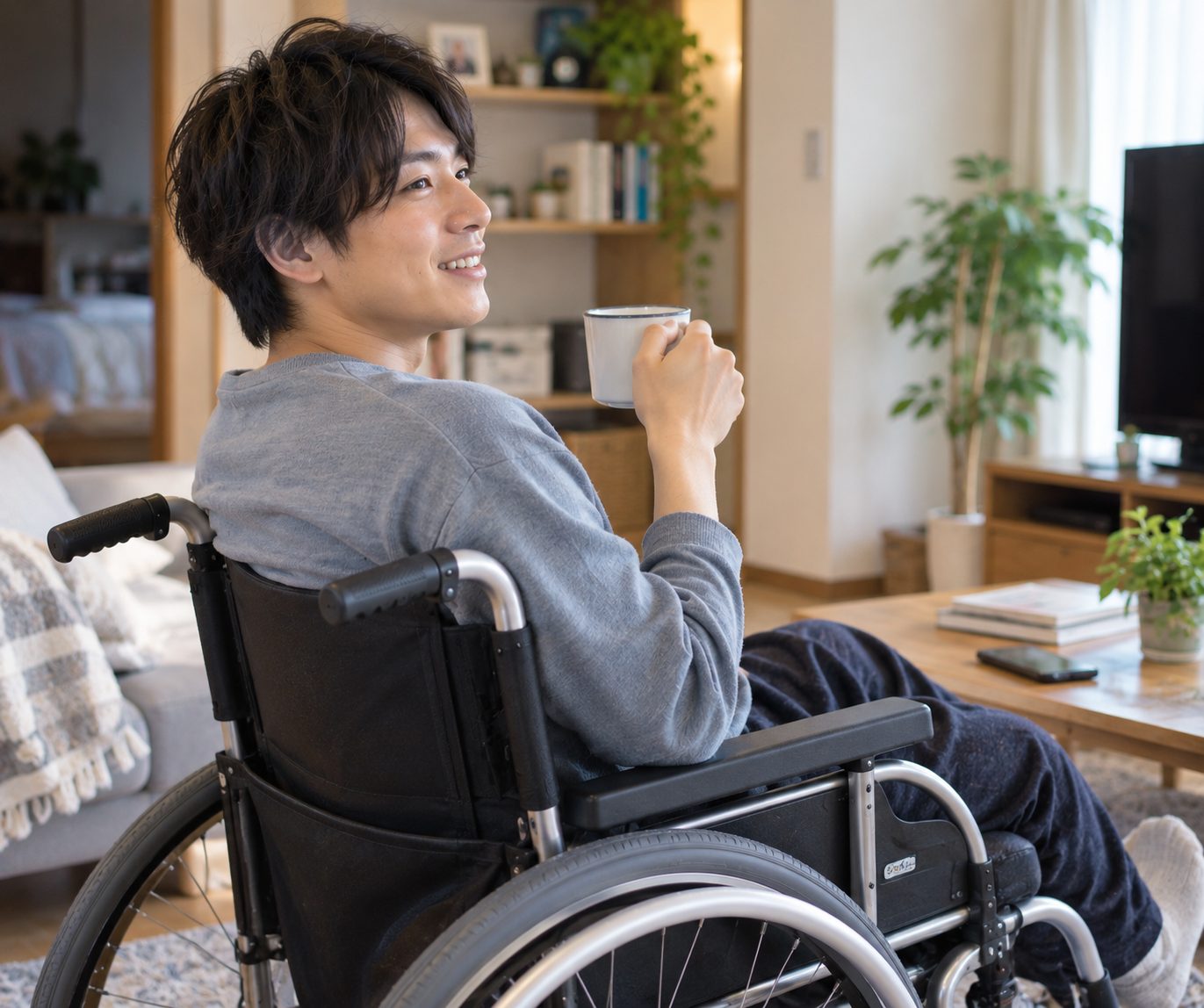 自宅のリビングで車いすに座り、笑顔でくつろぐ若い男性