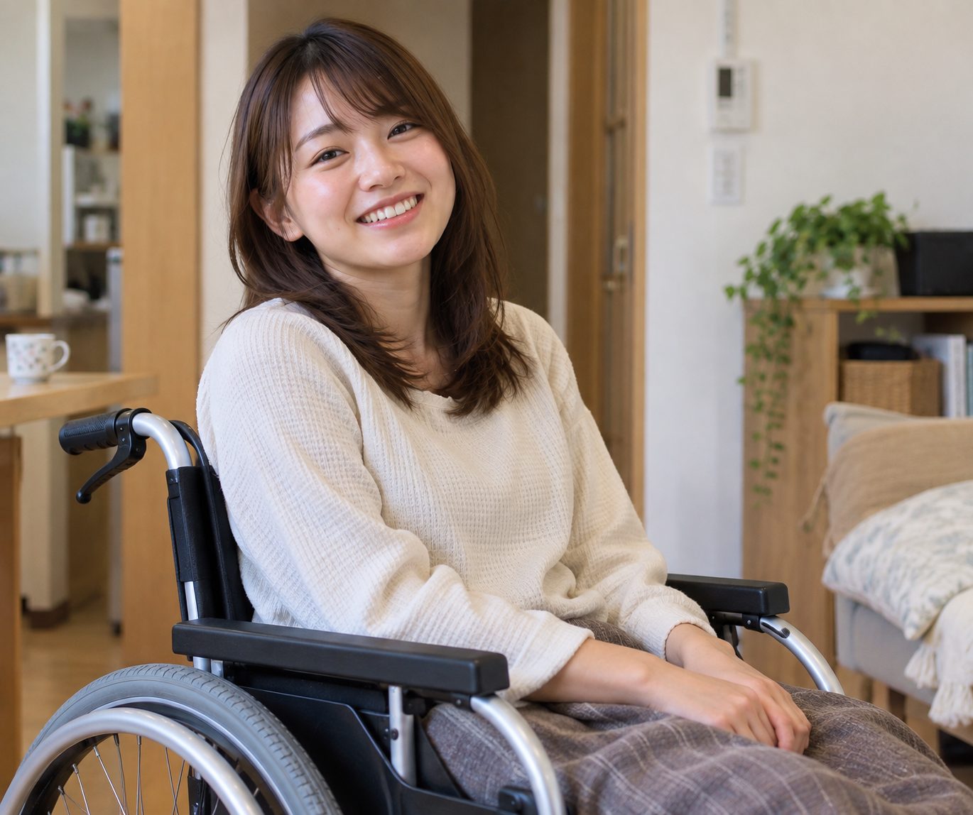 自宅で車いすに座り、笑顔を見せる若い女性